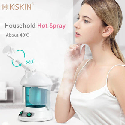 Advanced facial steamer with large water tank, rotating nozzle, and ionic steam technology for a rejuvenating at-home spa experience