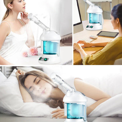 Advanced facial steamer with large water tank, rotating nozzle, and ionic steam technology for a rejuvenating at-home spa experience