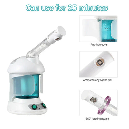 Advanced facial steamer with large water tank, rotating nozzle, and ionic steam technology for a rejuvenating at-home spa experience