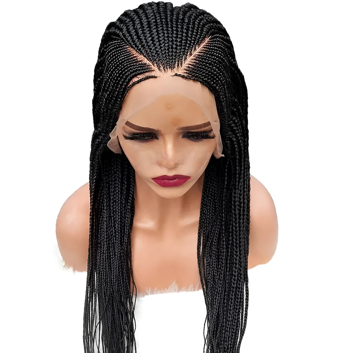 13x6 lace front braided wig in black, 24 inch length, synthetic fibre with three braids