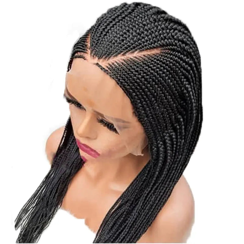 13x6 lace front braided wig in black, 24 inch length, synthetic fibre with three braids