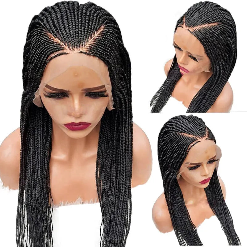 13x6 lace front braided wig in black, 24 inch length, synthetic fibre with three braids