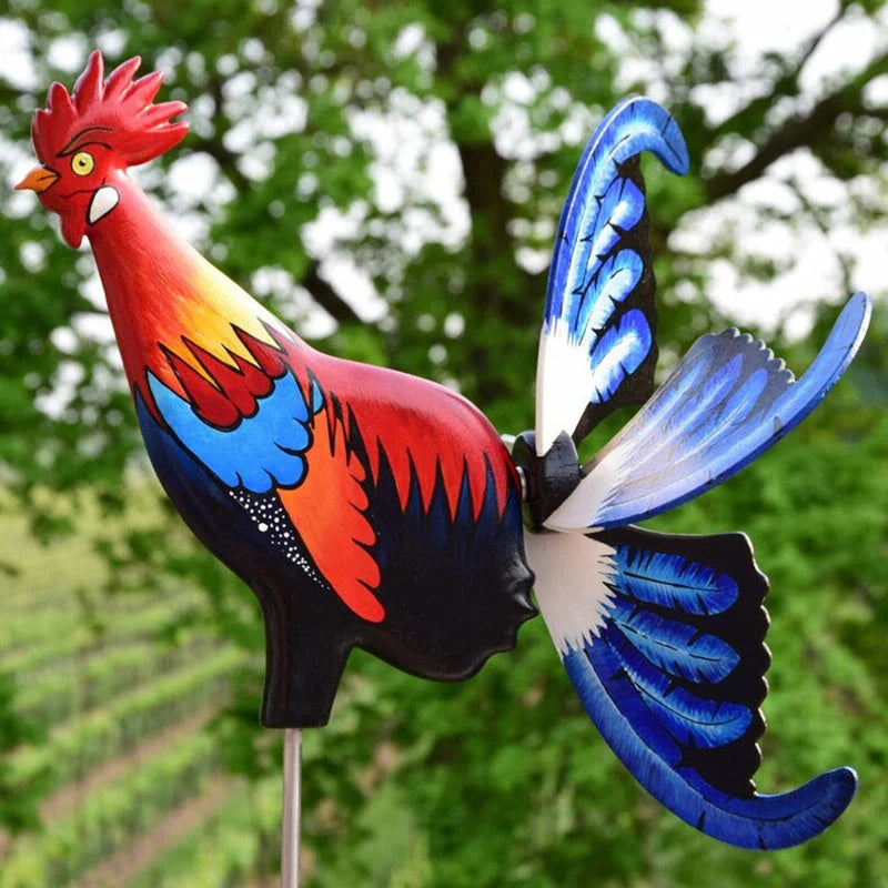 Handmade rooster windmill garden statue with vivid colours, waterproof for outdoor use
