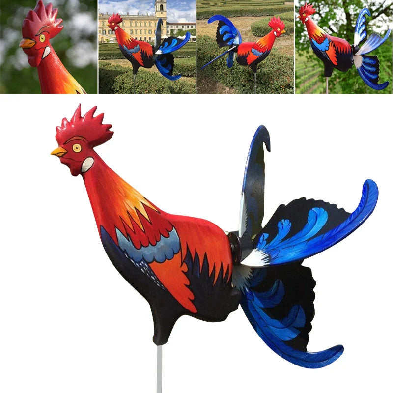 Handmade rooster windmill garden statue with vivid colours, waterproof for outdoor use