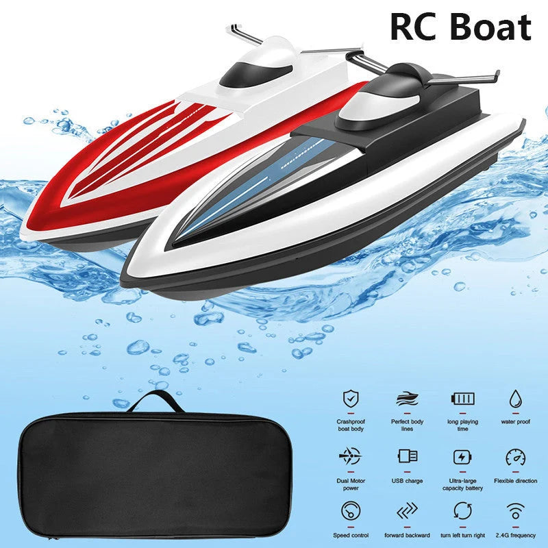 High-speed RC racing boat in red and black with dual motor and waterproof design