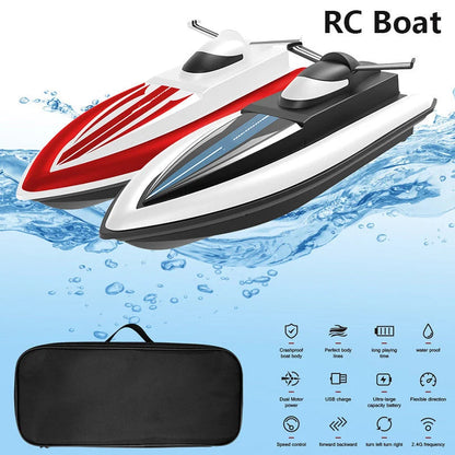 High-speed RC racing boat in red and black with dual motor and waterproof design