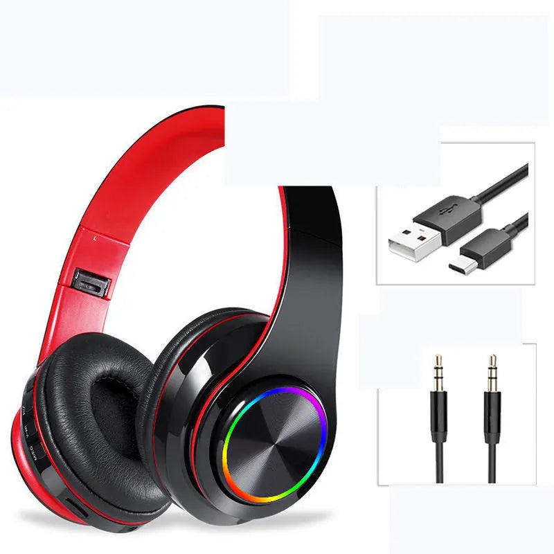 LED wireless Bluetooth headphones with 7-colour breathing lights on black background