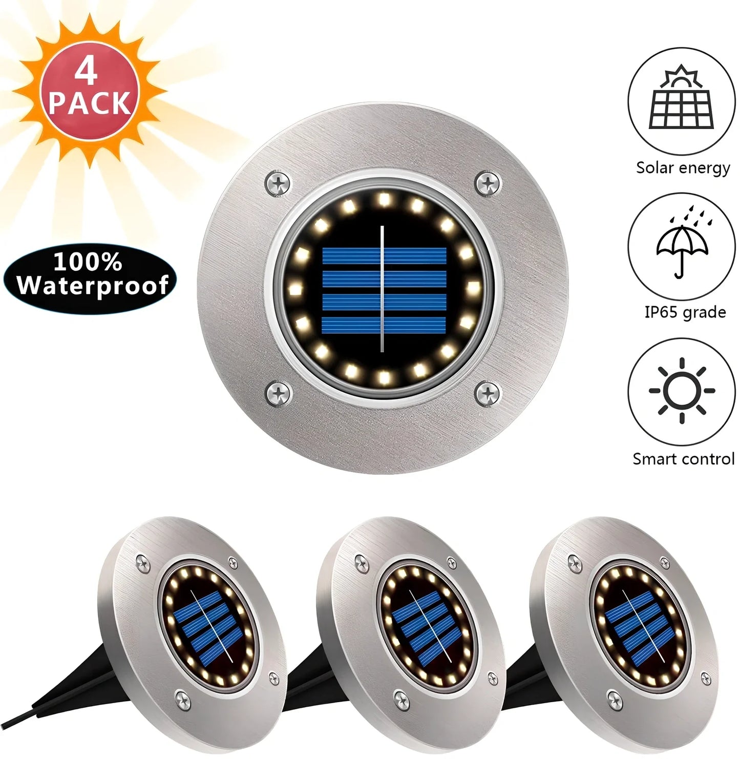 8LED waterproof solar garden light staked in lawn with warm glow, IP65 rated for rain resistance