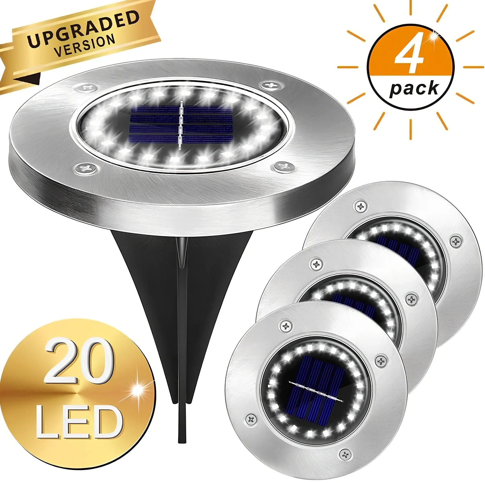 8LED waterproof solar garden light staked in lawn with warm glow, IP65 rated for rain resistance