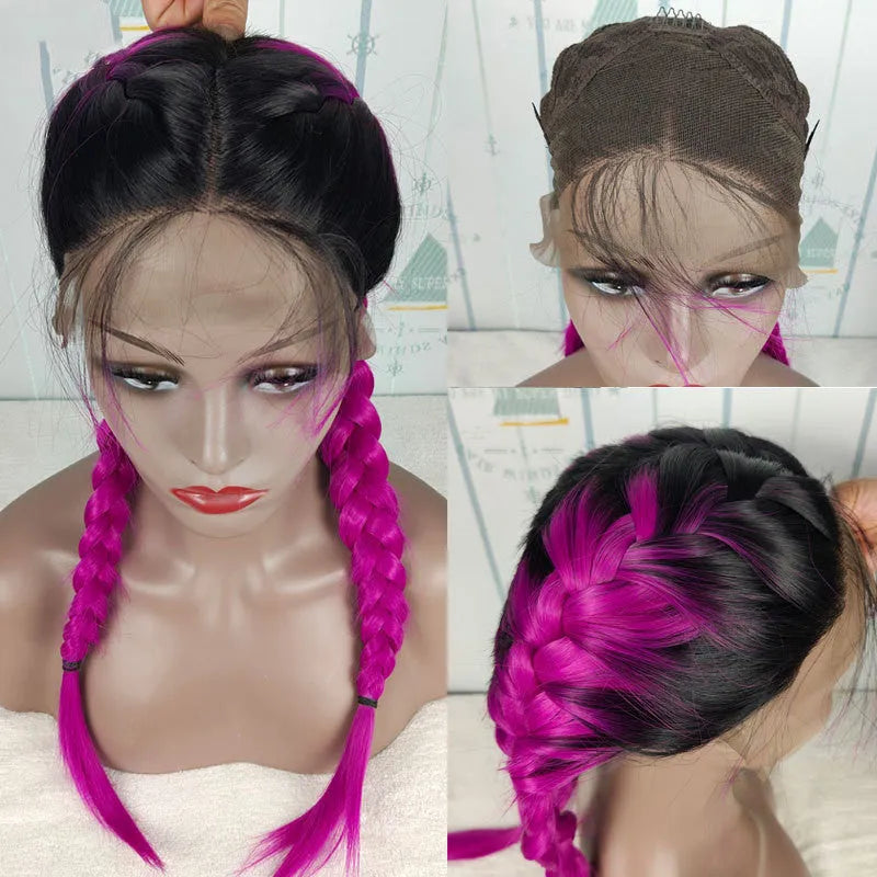 13x6 lace front braided wig in black, 24 inch length, synthetic fibre with three braids