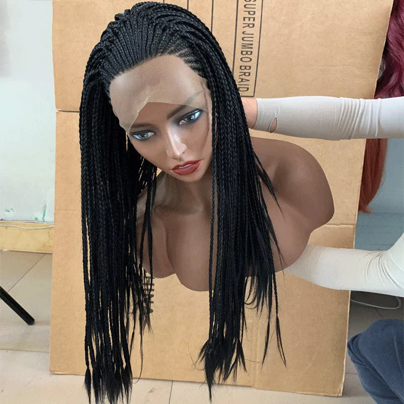 13x6 lace front braided wig in black, 24 inch length, synthetic fibre with three braids