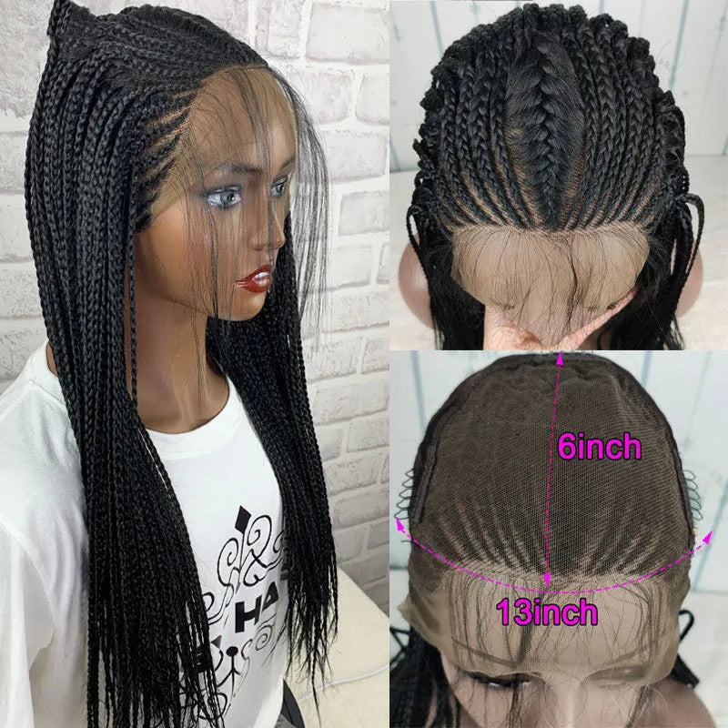 13x6 lace front braided wig in black, 24 inch length, synthetic fibre with three braids