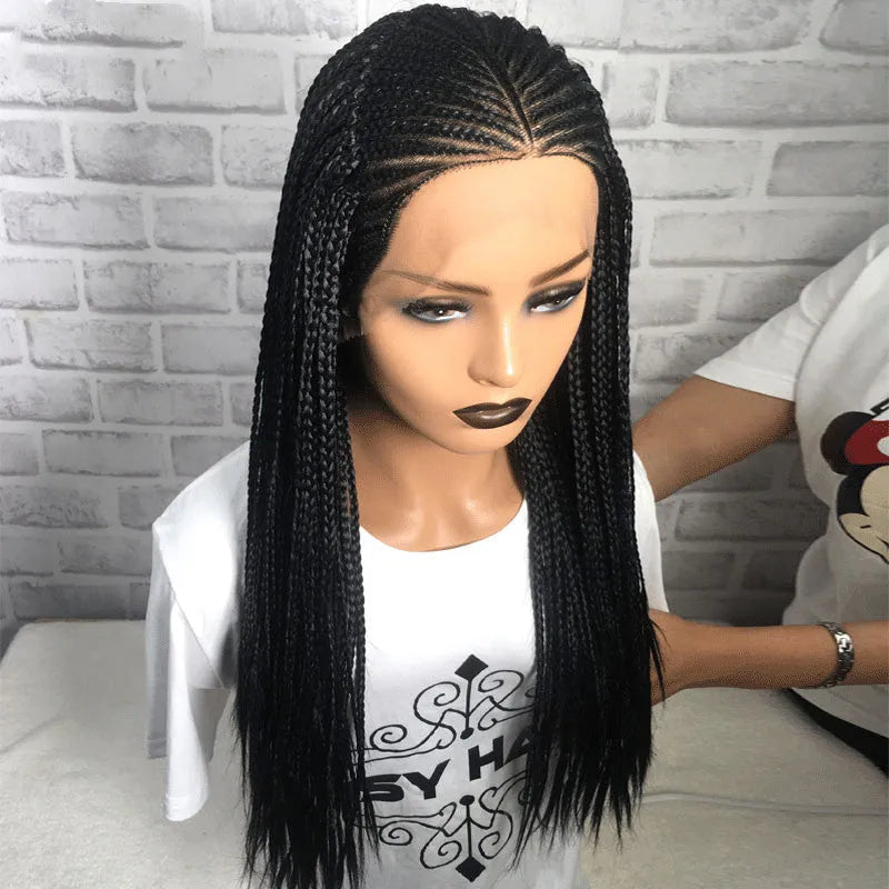 13x6 lace front braided wig in black, 24 inch length, synthetic fibre with three braids