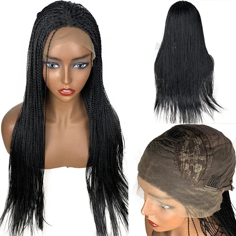 13x6 lace front braided wig in black, 24 inch length, synthetic fibre with three braids