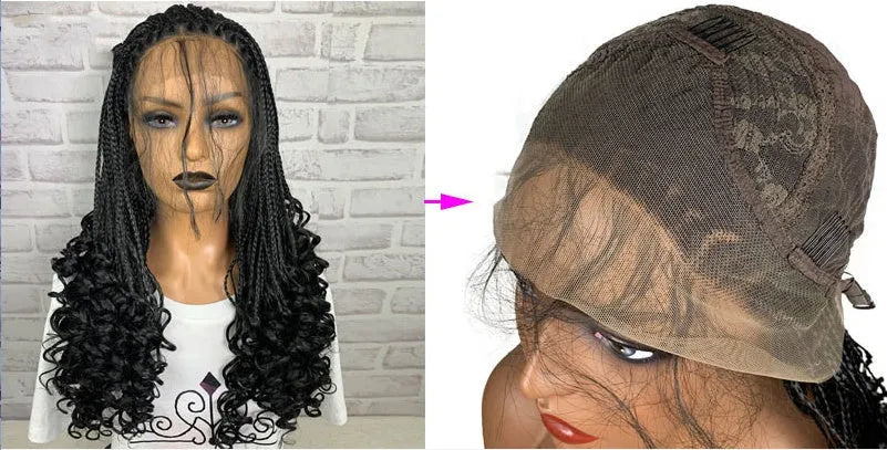 13x6 lace front braided wig in black, 24 inch length, synthetic fibre with three braids