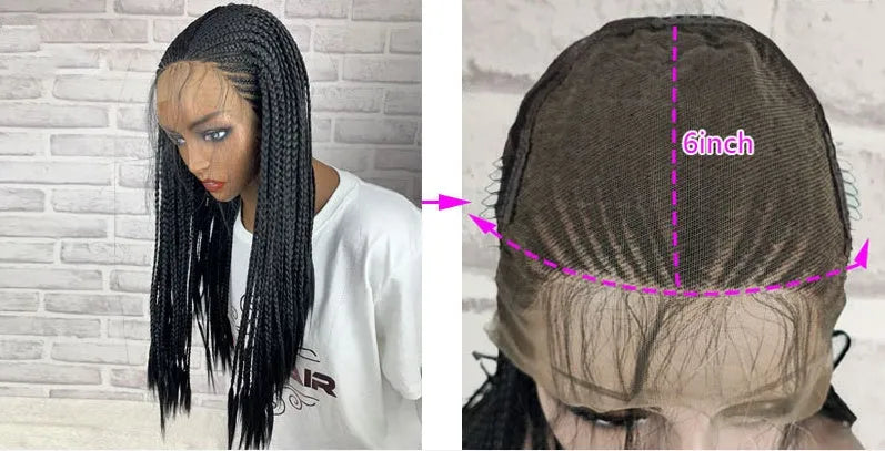 13x6 lace front braided wig in black, 24 inch length, synthetic fibre with three braids