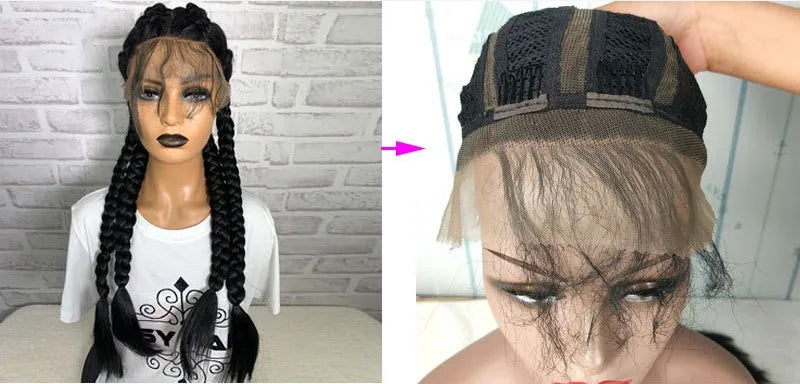 13x6 lace front braided wig in black, 24 inch length, synthetic fibre with three braids