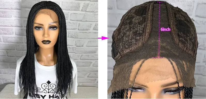 13x6 lace front braided wig in black, 24 inch length, synthetic fibre with three braids
