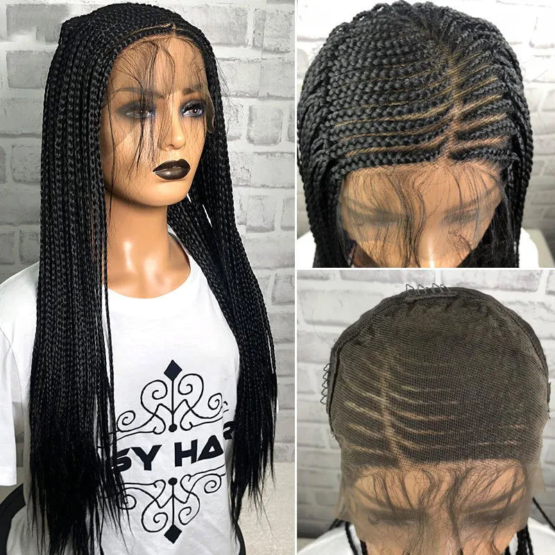 13x6 lace front braided wig in black, 24 inch length, synthetic fibre with three braids