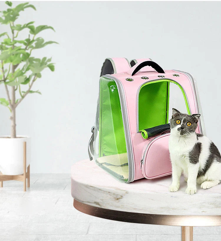 Portable Transparent Space Capsule Cat Bag in various colours, showcasing foldable design and panoramic view