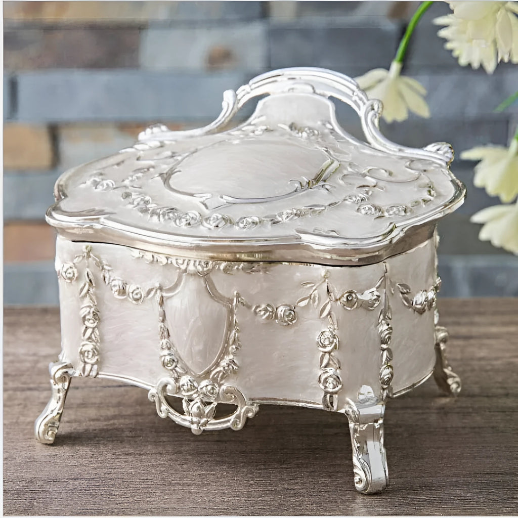 Ancient tin and silver white zinc alloy jewellery storage boxes in large, medium, and small sizes.