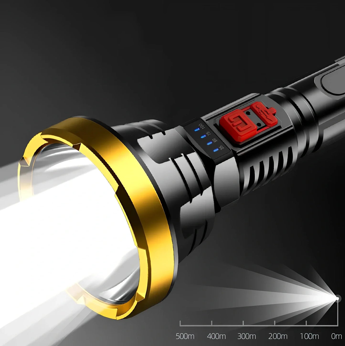 Black 90000LM LED tactical flashlight torch, USB rechargeable, 15cm long for hiking and camping use