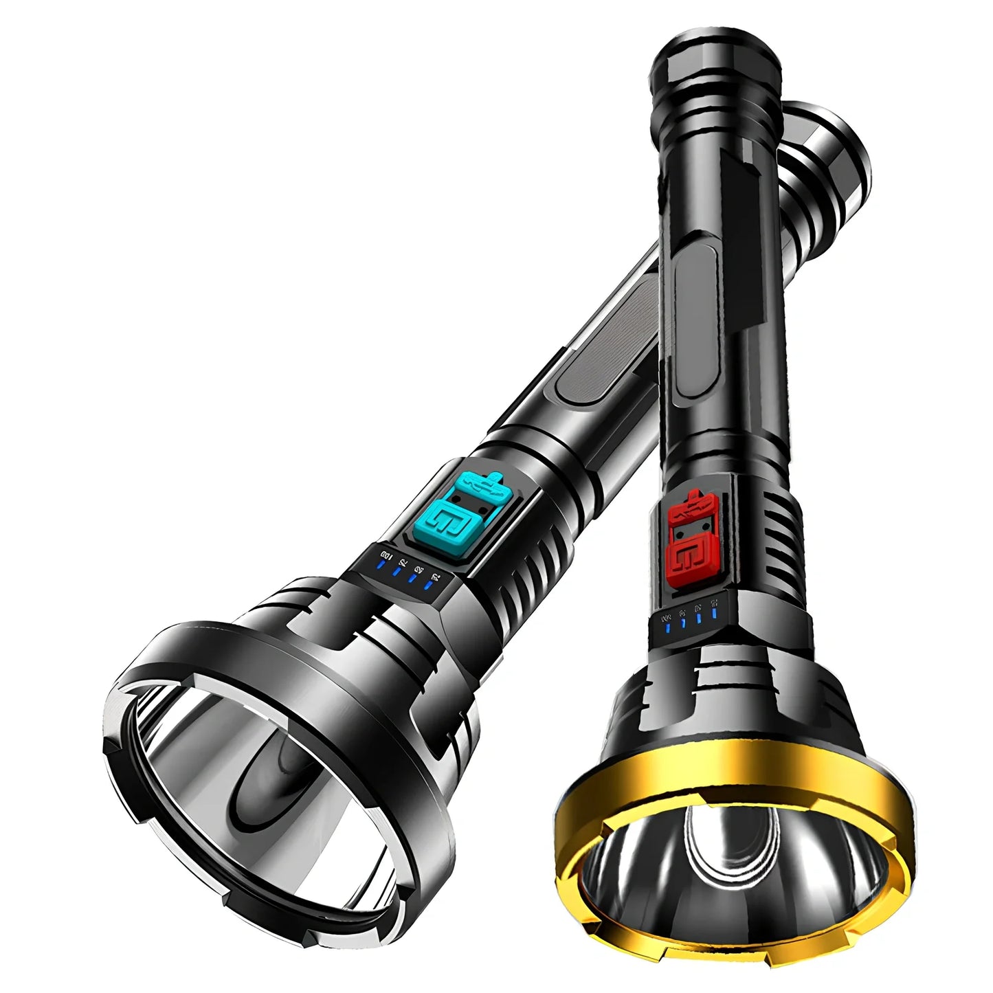 Black 90000LM LED tactical flashlight torch, USB rechargeable, 15cm long for hiking and camping use