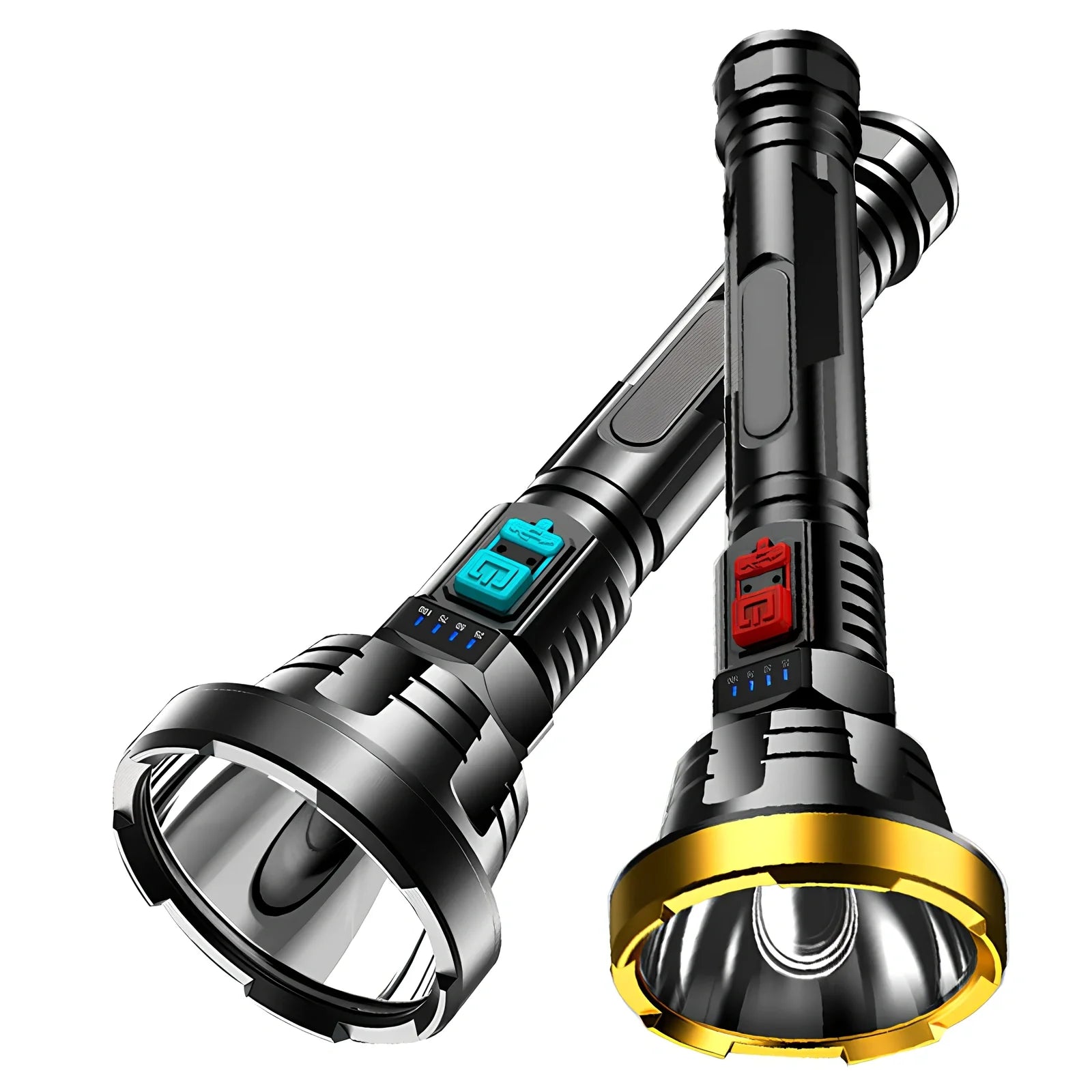 Black 90000LM LED tactical flashlight torch, USB rechargeable, 15cm long for hiking and camping use