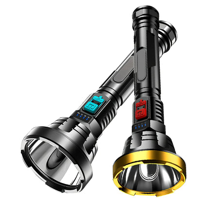 Black 90000LM LED tactical flashlight torch, USB rechargeable, 15cm long for hiking and camping use