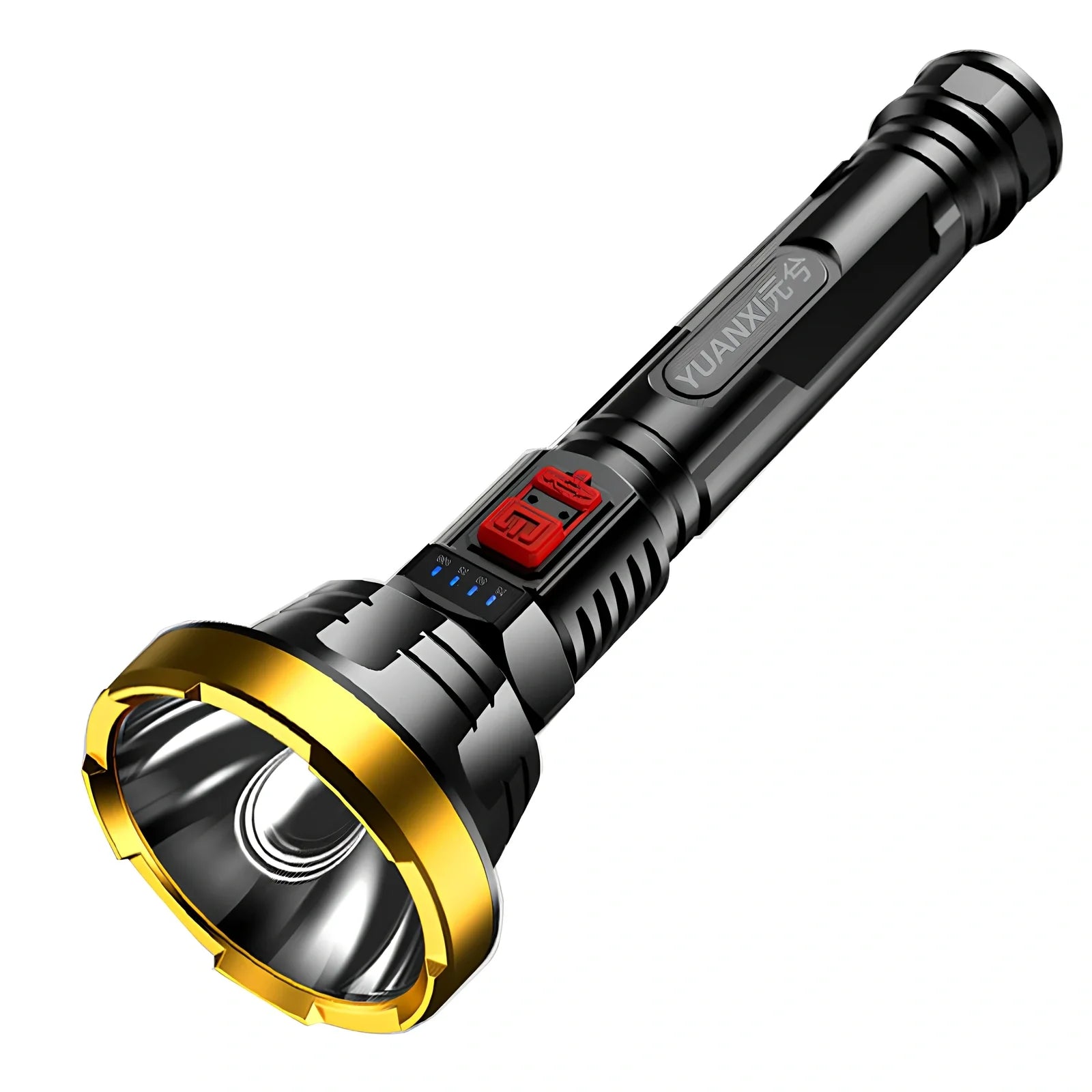 Black 90000LM LED tactical flashlight torch, USB rechargeable, 15cm long for hiking and camping use