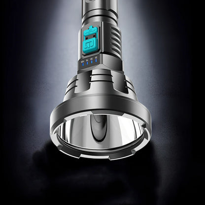 Black 90000LM LED tactical flashlight torch, USB rechargeable, 15cm long for hiking and camping use