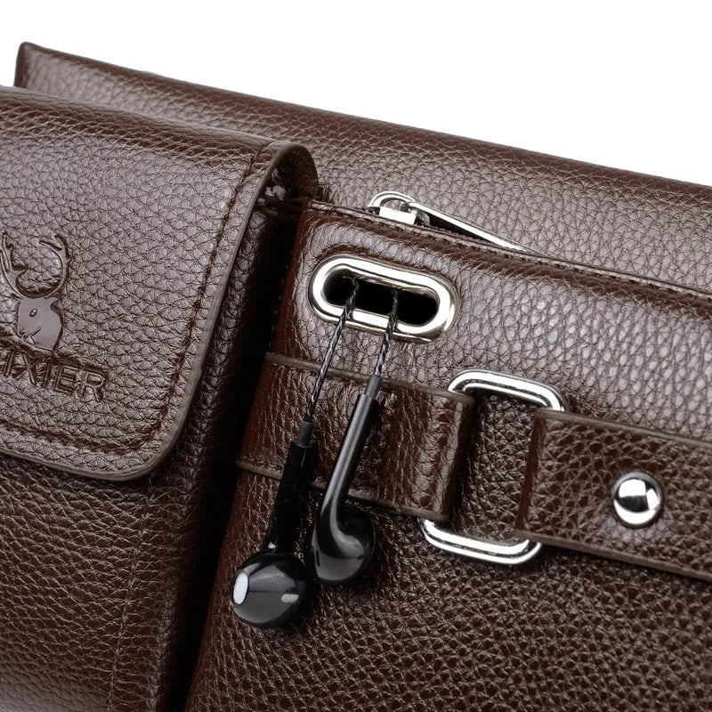 Men's multifunctional PU leather sports waist bag in brown with belt decoration and zip closure