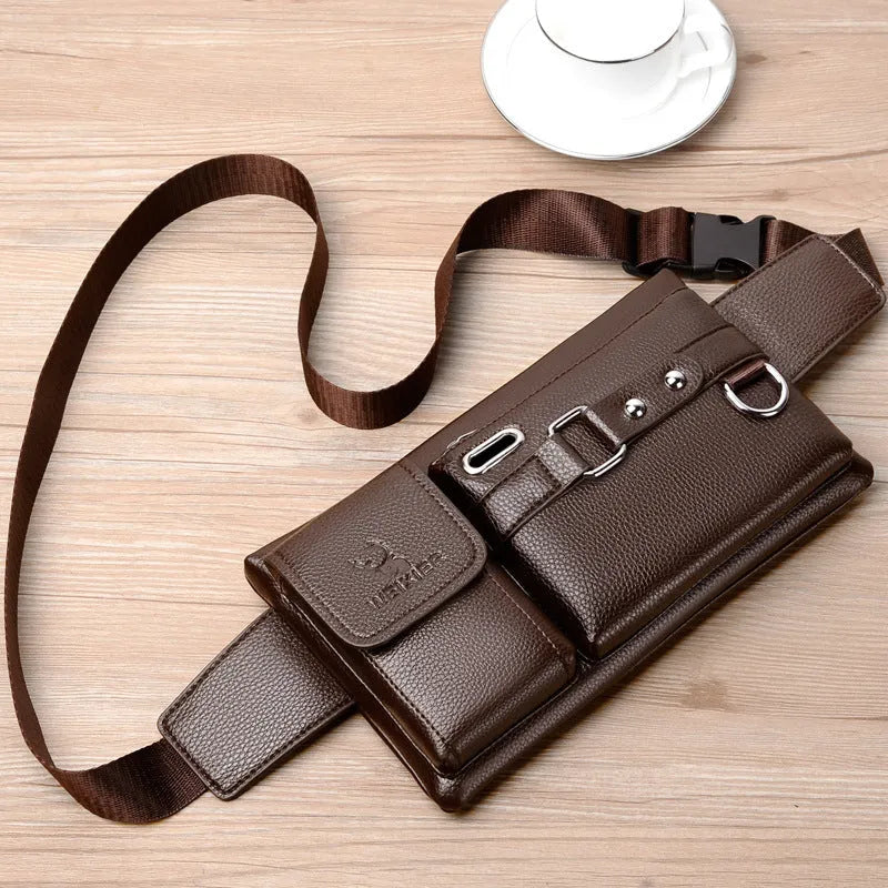 Men's multifunctional PU leather sports waist bag in brown with belt decoration and zip closure