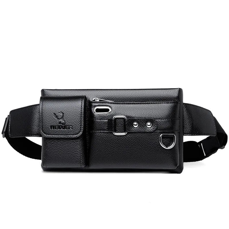 Men's multifunctional PU leather sports waist bag in brown with belt decoration and zip closure