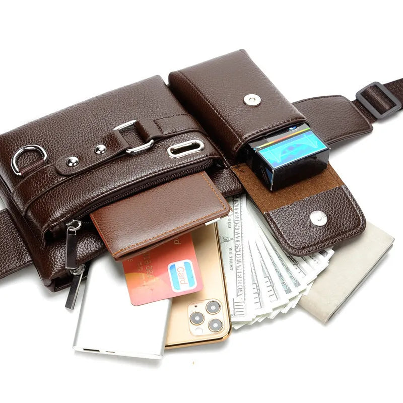 Men's multifunctional PU leather sports waist bag in brown with belt decoration and zip closure