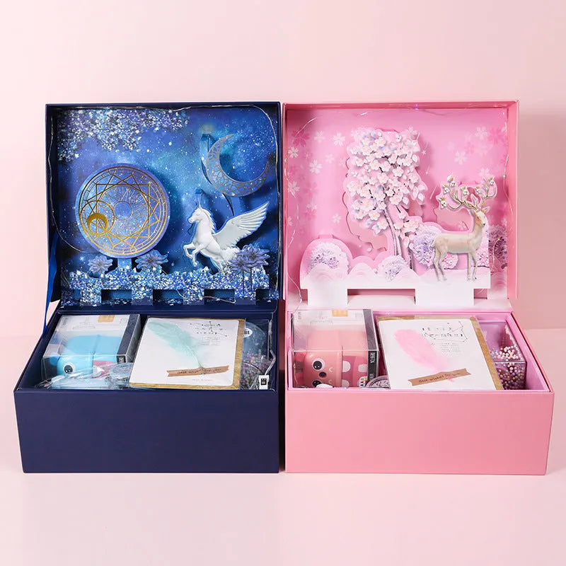 Blue stationery set gift box with three-dimensional design and Pegasus Starry Sky theme for students.