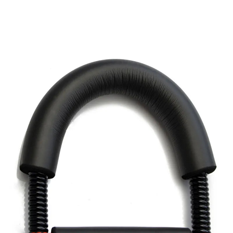 Black hand gripper wrist strength device with spring steel coil on neutral background