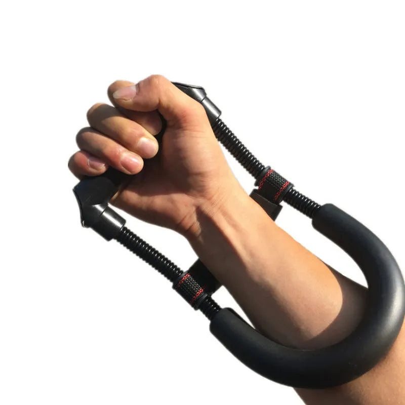 Black hand gripper wrist strength device with spring steel coil on neutral background