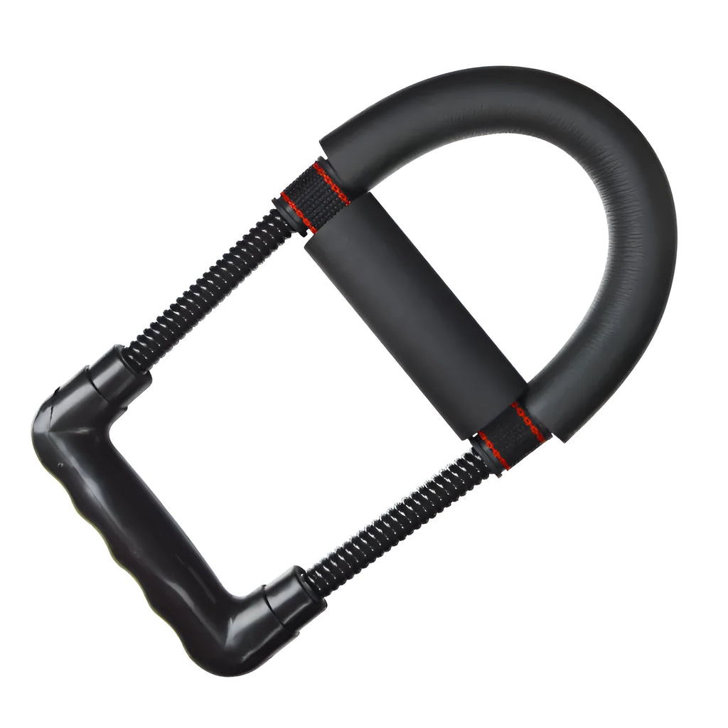 Black hand gripper wrist strength device with spring steel coil on neutral background