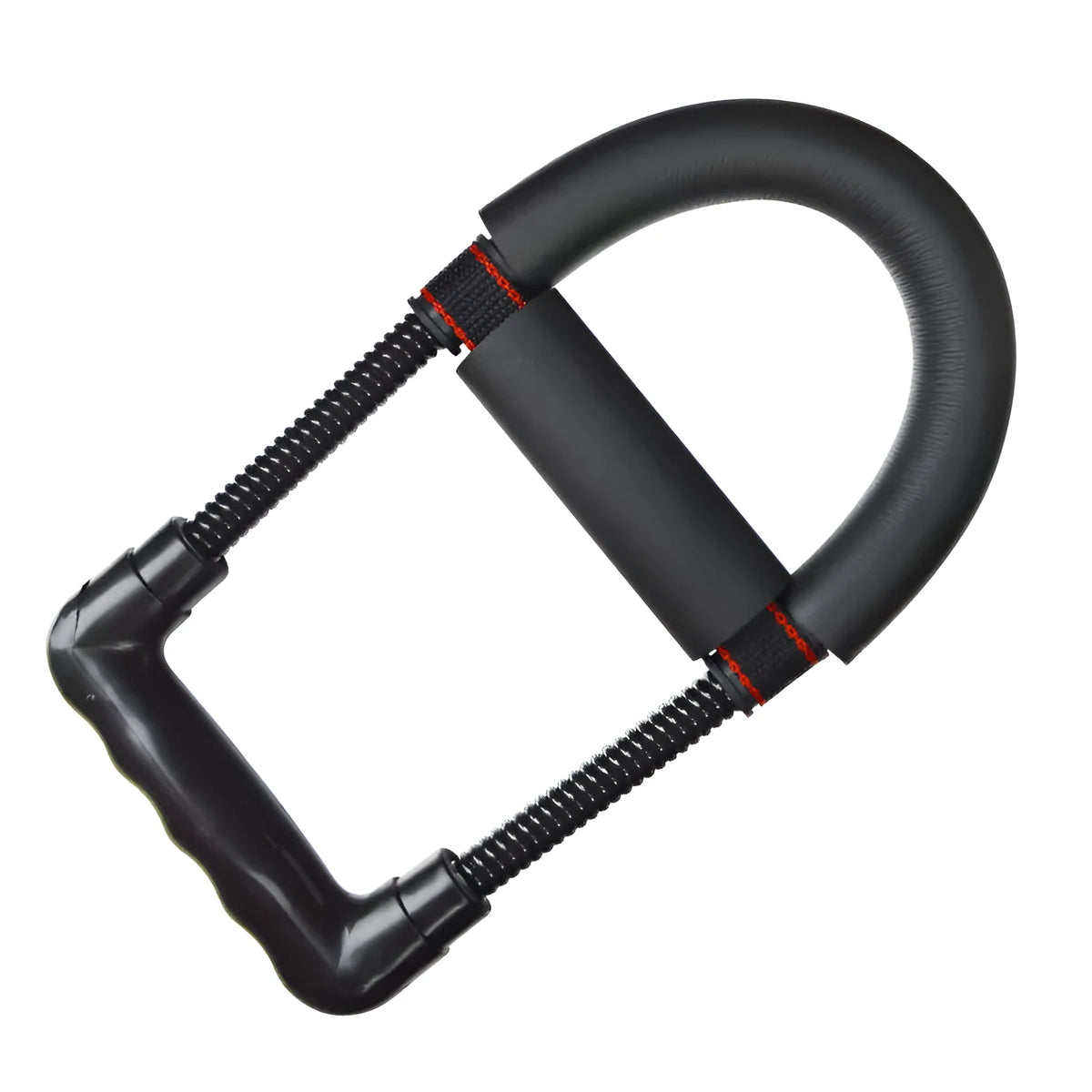 Black hand gripper wrist strength device with spring steel coil on neutral background