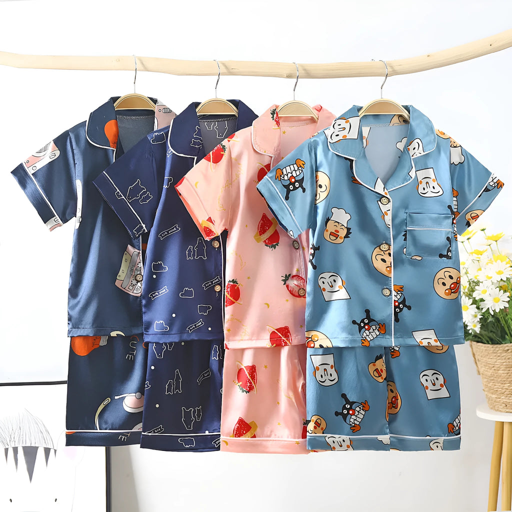 Children's cartoon print acetate fibre pyjama set in Korean style, 110-160cm, moisture wicking, summer sleepwear