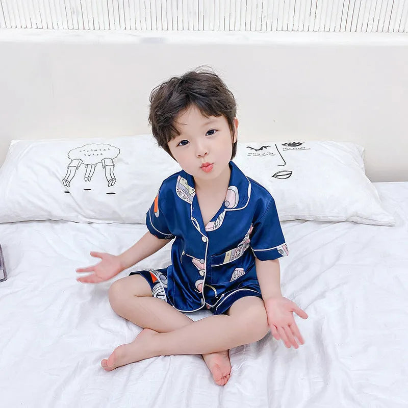 Children's cartoon print acetate fibre pyjama set in Korean style, 110-160cm, moisture wicking, summer sleepwear
