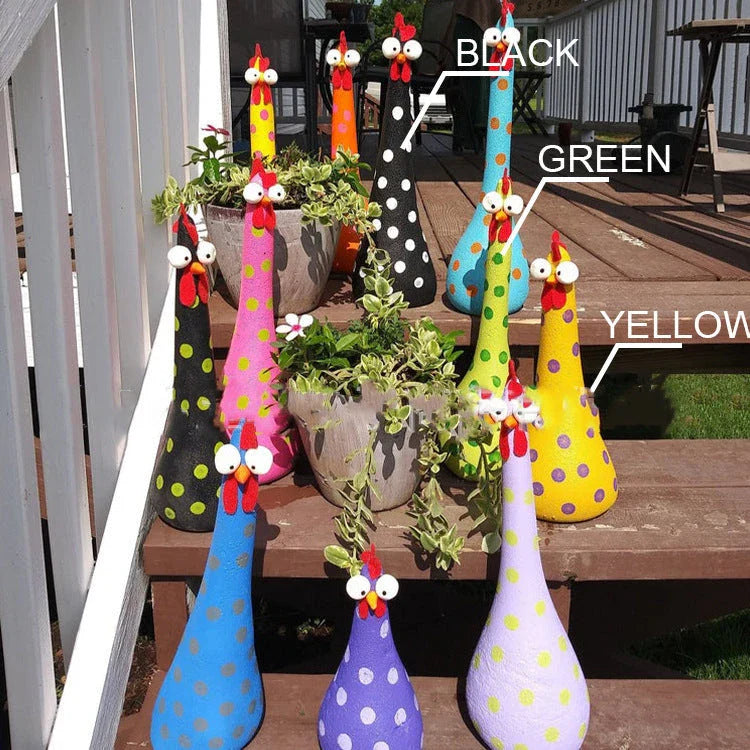 Colorful chicken statues made of durable resin, perfect for adding whimsical charm to your garden, yard, or outdoor living space