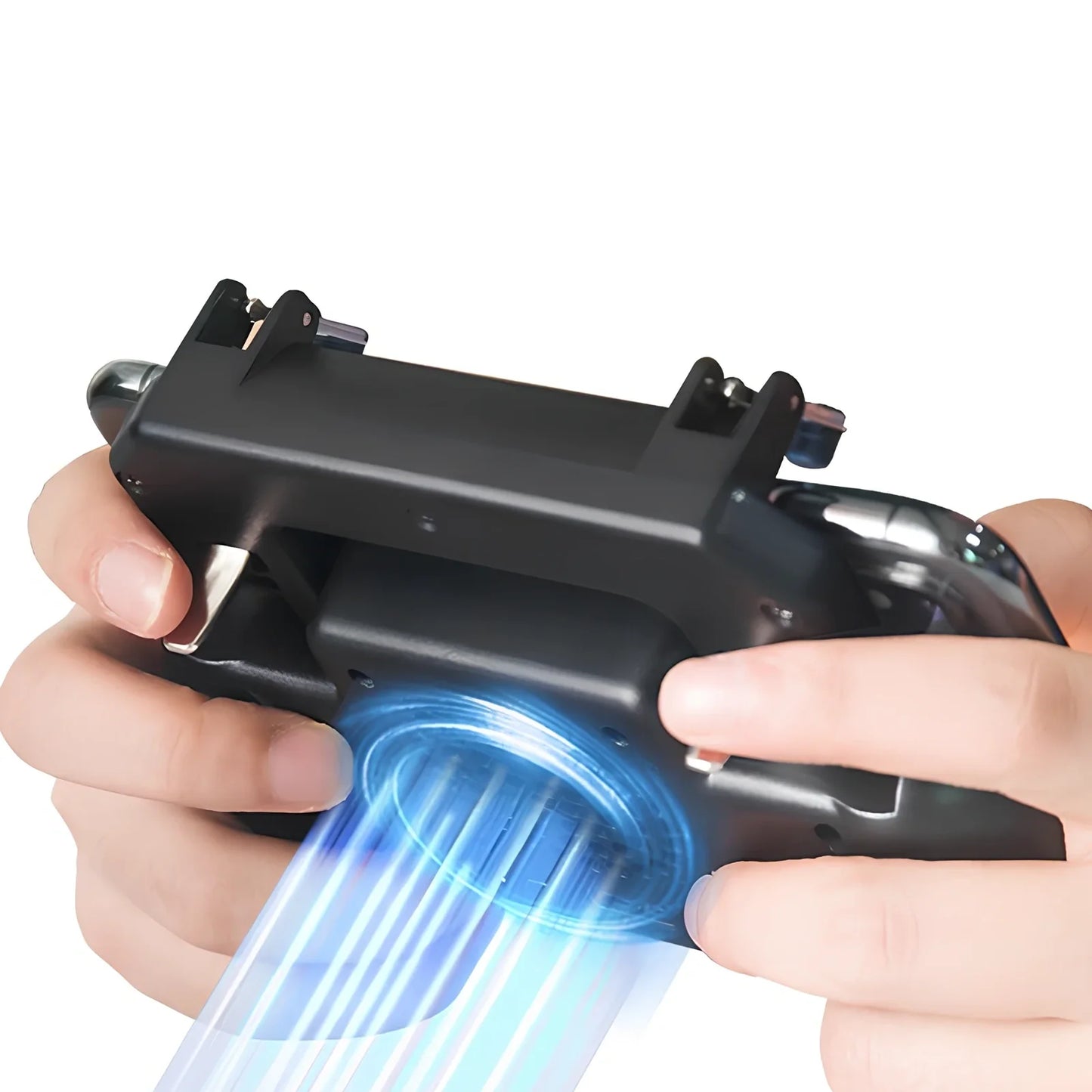 Black 5-in-1 mobile gaming controller with fan, 2000mAh powerbank, wireless clamp for phones 10-16.5cm
