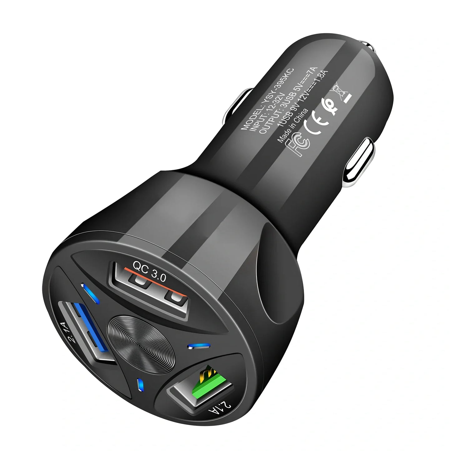 Black 45W mini USB car charger, 70x40mm size, for phone fast charging in vehicle socket