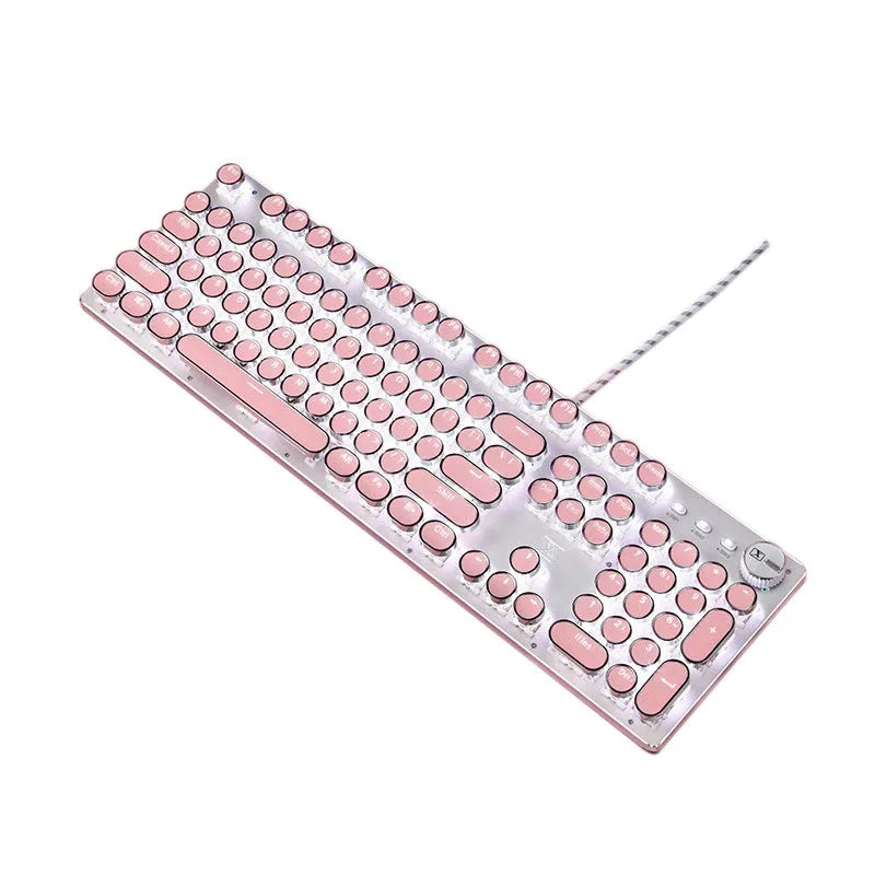 Silver and pink wired mechanical keyboard with green switches and matching ergonomic mouse.