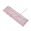 Silver and pink wired mechanical keyboard with green switches and matching ergonomic mouse.