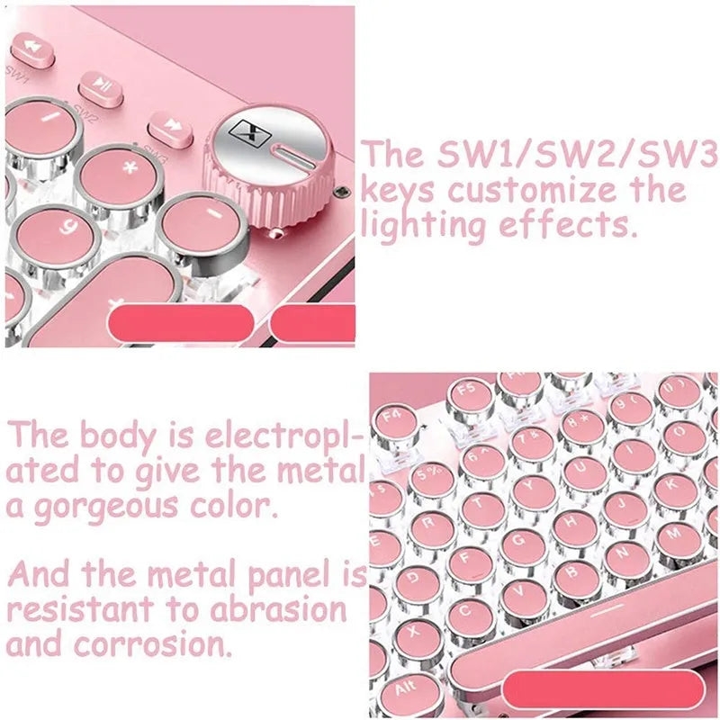 Silver and pink wired mechanical keyboard with green switches and matching ergonomic mouse.