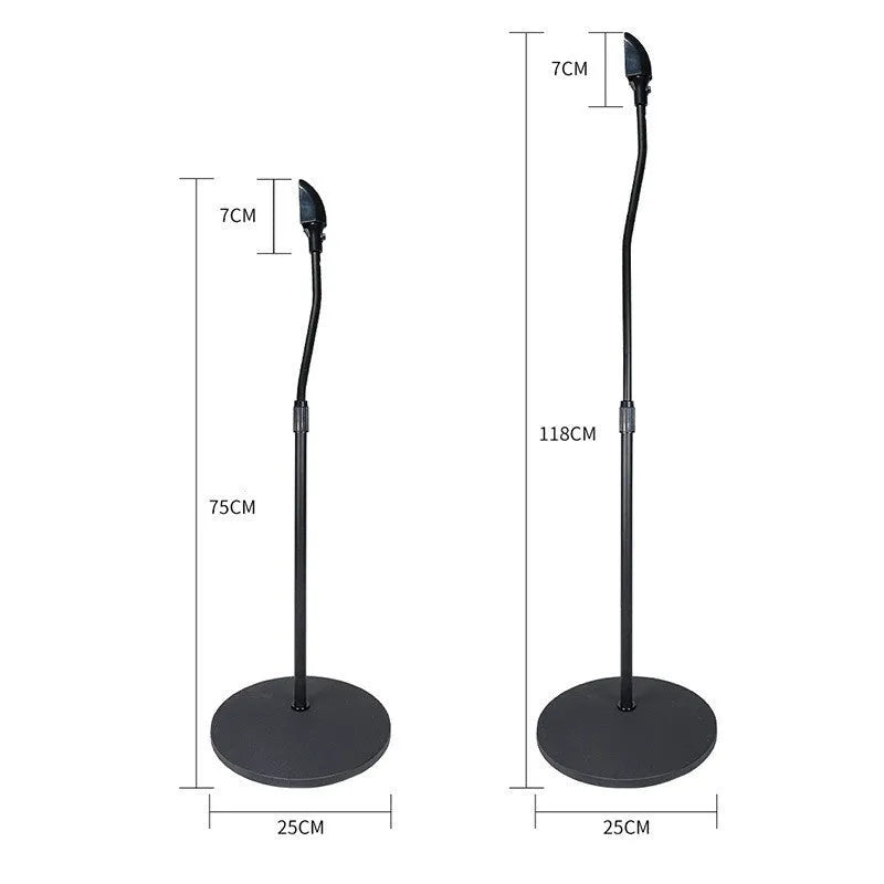 Black and white speaker stand bracket for mounting satellite bookshelf speakers.
