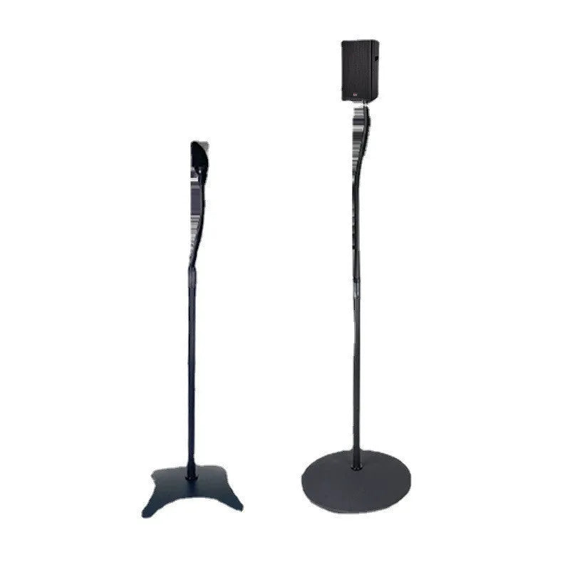 Black and white speaker stand bracket for mounting satellite bookshelf speakers.